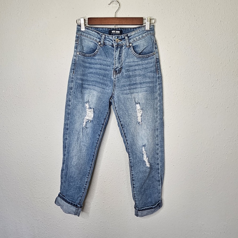 Wax Jean Distressed High Rise Mom Jeans Medium Wash Size 3/26 Cuffed Ankle